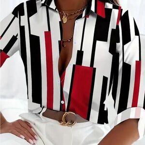 NWT geometric print button up shirt - black white & red.